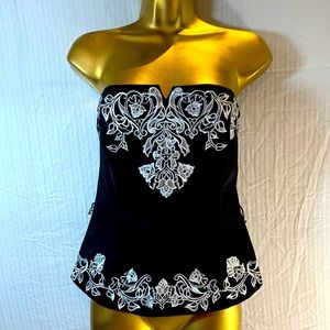 WHBM Black Bustier Corset with White and Silver Floral Embroidery Size 10